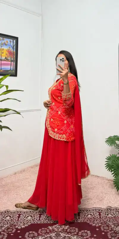 ST 1084 Red Color Printed Faux Georgette Embroidery Work Salwar Suit Casual, Wedding, Party, Festive, Events Etc.4-6 Working Days@ 1949/-only | Jump Suits, Salwar suit, Designer Suits, Casual Suits, Creative suits, Palazzo Suits, Party Wear Suits, Patiala Suits, Straight Suits