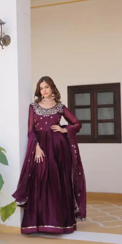 Ram 092 Wine Color Burberry Silk Sequence Work Readmit Less Gown Casual, Wedding, Festive, Events . Expected Delivery  4-6 Working Days @2149/- only      | Gowns, Bollywood Gowns, Creative Gowns, Designer Gowns, Embroidered Gowns, Party Wear Gowns