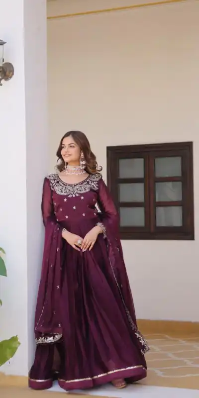Ram 092 Wine Color Burberry Silk Sequence Work Readmit Less Gown Casual, Wedding, Festive, Events . Expected Delivery  4-6 Working Days @2149/- only      | Gowns, Bollywood Gowns, Creative Gowns, Designer Gowns, Embroidered Gowns, Party Wear Gowns