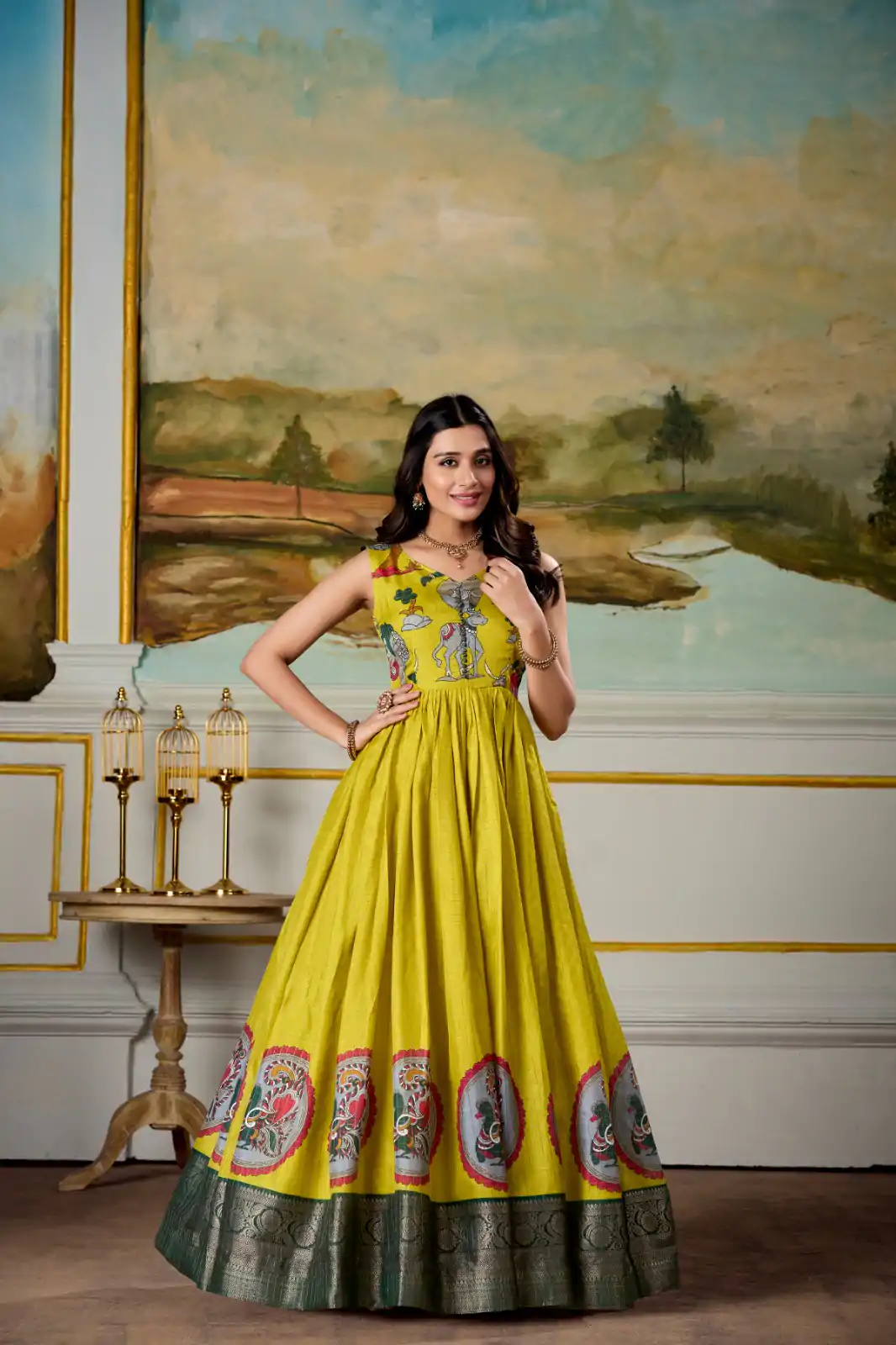 YNF 5310 Yellow Color Dola Silk Kalamkari Print Zari Weaving Broder Gown Casual, Wedding, Party, Festive, Events Etc.4-6 Working Days@ 1749/-only | Gowns, Bollywood Gowns, Creative Gowns, Designer Gowns, Embroidered Gowns, Party Wear Gowns