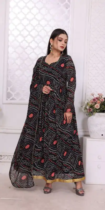 INLI Banno Swag Black Color Georgette Print With Lace Work Gown Casual, Wedding, Festive, Events . Expected Delivery  4-6 Working Days @1699/- only      | Gowns, Bollywood Gowns, Creative Gowns, Designer Gowns, Embroidered Gowns, Party Wear Gowns