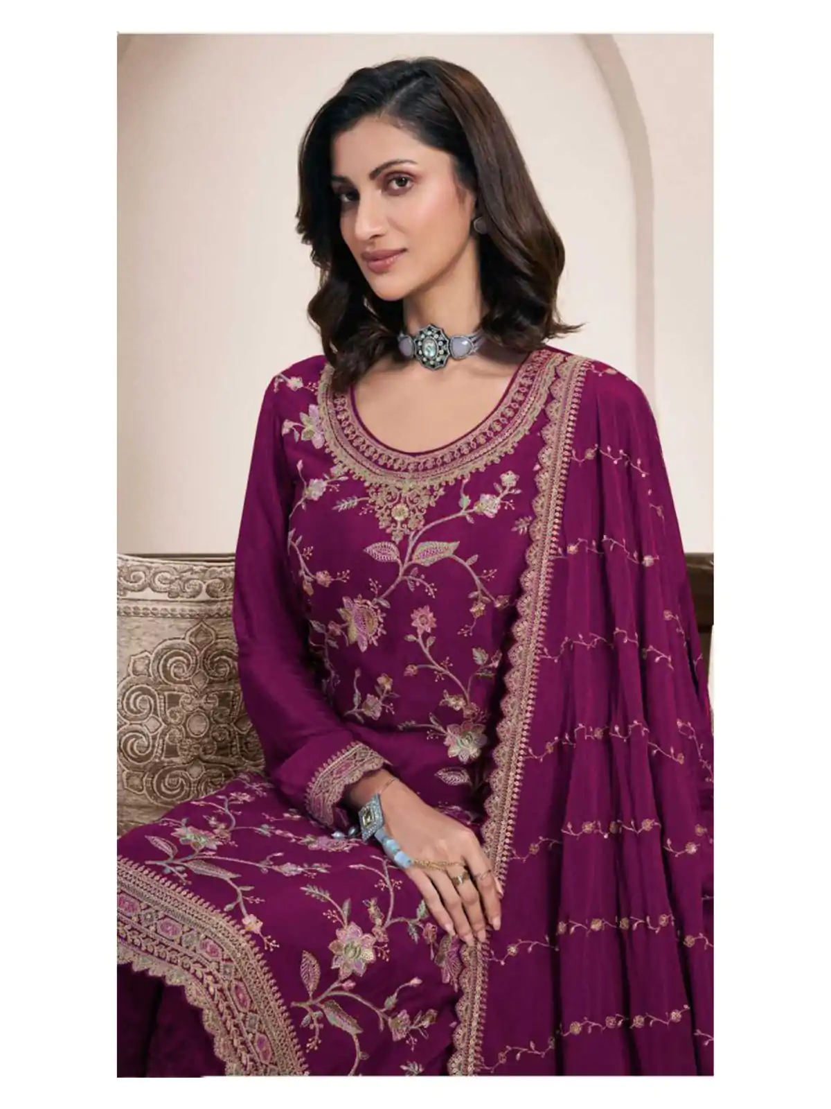 FC 73411 Wine Color Chinon Multi Work Salwar Suit Casual, Wedding, Festive, Events . Expected Delivery  4-6 Working Days @2599/- only      | Jump Suits, Salwar suit, Designer Suits, Casual Suits, Creative suits, Palazzo Suits, Party Wear Suits, Patiala Suits, Straight Suits