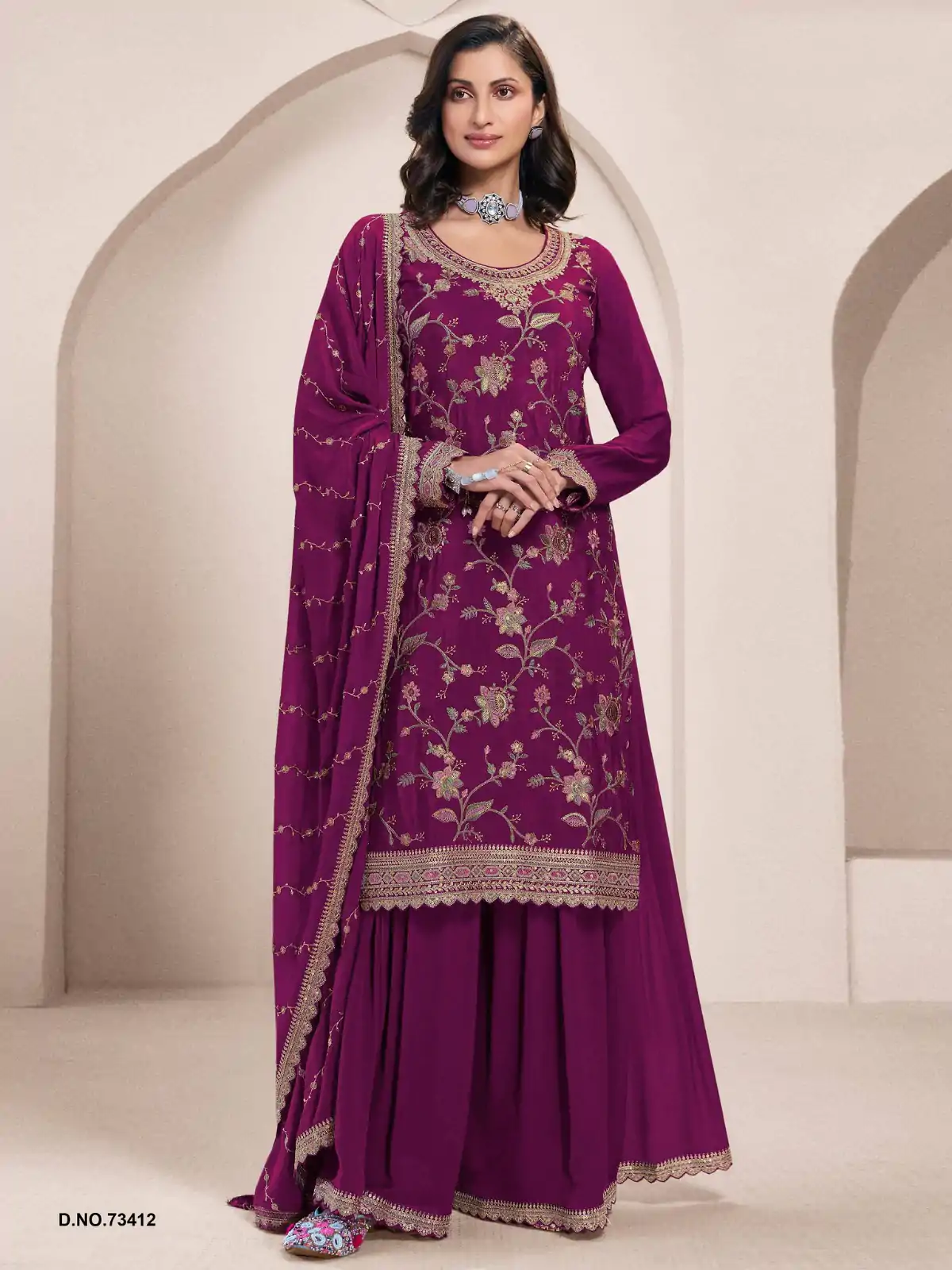 FC 73411 Wine Color Chinon Multi Work Salwar Suit Casual, Wedding, Festive, Events . Expected Delivery  4-6 Working Days @2599/- only      | Jump Suits, Salwar suit, Designer Suits, Casual Suits, Creative suits, Palazzo Suits, Party Wear Suits, Patiala Suits, Straight Suits