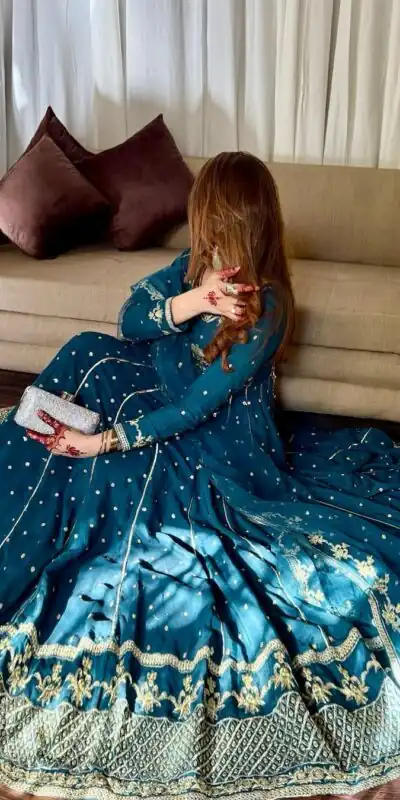 VLM 272 Rama Blue Color Star Georgette Embroidery Work Gown Casual, Wedding, Party, Festive, Events Etc. Expected Delivery 4-6 Working Days @2049/- | Gowns, Bollywood Gowns, Creative Gowns, Designer Gowns, Embroidered Gowns, Party Wear Gowns