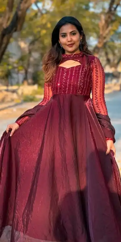 ND 5038 Red Color Jimmy Chu With Sequence Embroidery Work Gown Casual, Wedding, Party, Festive, Events Etc.4-6 Working Days@ 2099/-only | Gowns, Bollywood Gowns, Creative Gowns, Designer Gowns, Embroidered Gowns, Party Wear Gowns