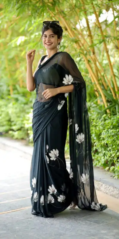 SC 411 Black Color Soft Georgette Silk All Over Saree Casual, Wedding, Festive, Events . Expected Delivery  4-6 Working Days @1599/- only                                                                                                                                           | Sarees, Bollywood Sarees, Creative Sarees, Designer Sarees, Embroidered Sarees, Ethnic Saree, Modern Digital sarees, Party Wear Sarees
