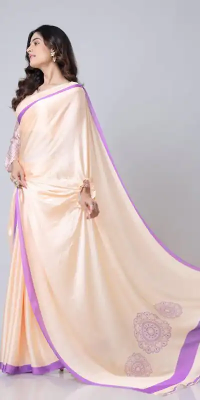 ST 1102B Light Peach Color Japan Satin Digital Print Work Saree Casual, Wedding, Festive, Events . Expected Delivery  4-6 Working Days @1849/- only      | Sarees, Bollywood Sarees, Creative Sarees, Designer Sarees, Embroidered Sarees, Ethnic Saree, Modern Digital sarees, Party Wear Sarees