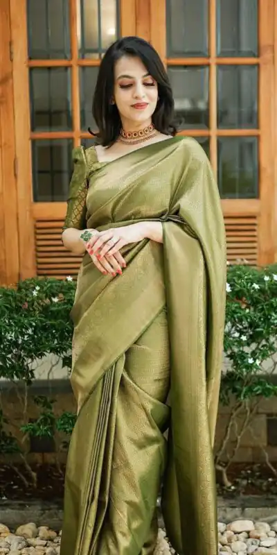 KP 4074 Mehndi Color Lichi Silk Jacquard Work On All Over Saree Casual, Wedding, Festive, Events . Expected Delivery  4-6 Working Days @1399/- only                                                                                                                                           | Sarees, Bollywood Sarees, Creative Sarees, Designer Sarees, Embroidered Sarees, Ethnic Saree, Modern Digital sarees, Party Wear Sarees