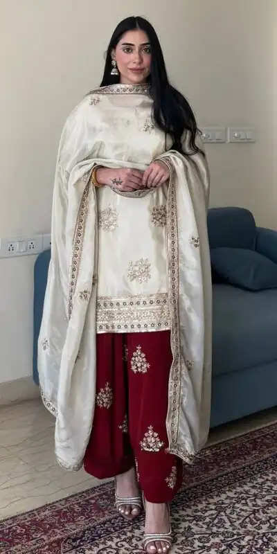 VLM 265 White Color Chinon Silk With Embroidery Work Salwar Suit Casual, Wedding, Party, Festive, Events Etc.4-6 Working Days@ 2049/-only | Jump Suits, Salwar suit, Designer Suits, Casual Suits, Creative suits, Palazzo Suits, Party Wear Suits, Patiala Suits, Straight Suits