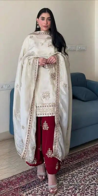 VLM 265 White Color Chinon Silk With Embroidery Work Salwar Suit Casual, Wedding, Party, Festive, Events Etc.4-6 Working Days@ 2049/-only | Jump Suits, Salwar suit, Designer Suits, Casual Suits, Creative suits, Palazzo Suits, Party Wear Suits, Patiala Suits, Straight Suits