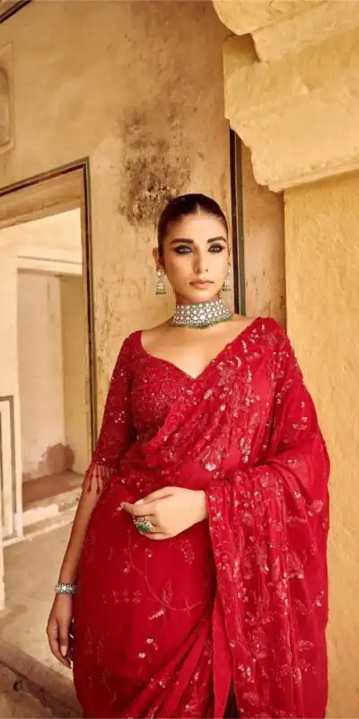 DF 3447 Red Color Georgette Sequins Embroidery work Saree Casual, Wedding, Festive, Events . Expected Delivery  4-6 Working Days @1799/- only                                                                                                                                             | Sarees, Bollywood Sarees, Creative Sarees, Designer Sarees, Embroidered Sarees, Ethnic Saree, Modern Digital sarees, Party Wear Sarees