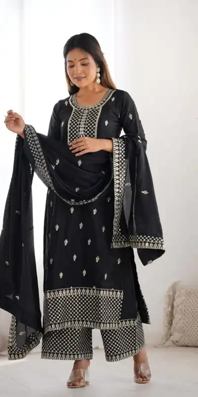 KB 282 Black Color Chinon Silk Embroidery With Jari Work Salwar Suit Casual, Wedding, Festive, Events . Expected Delivery  4-6 Working Days @1949/- only      | Jump Suits, Salwar suit, Designer Suits, Casual Suits, Creative suits, Palazzo Suits, Party Wear Suits, Patiala Suits, Straight Suits