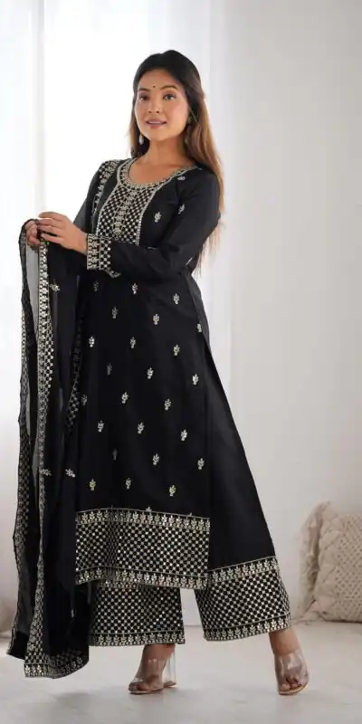 KB 282 Black Color Chinon Silk Embroidery With Jari Work Salwar Suit Casual, Wedding, Festive, Events . Expected Delivery  4-6 Working Days @1949/- only      | Jump Suits, Salwar suit, Designer Suits, Casual Suits, Creative suits, Palazzo Suits, Party Wear Suits, Patiala Suits, Straight Suits
