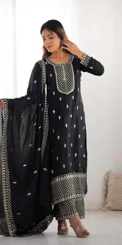 KB 282 Black Color Chinon Silk Embroidery With Jari Work Salwar Suit Casual, Wedding, Festive, Events . Expected Delivery  4-6 Working Days @1949/- only      | Jump Suits, Salwar suit, Designer Suits, Casual Suits, Creative suits, Palazzo Suits, Party Wear Suits, Patiala Suits, Straight Suits