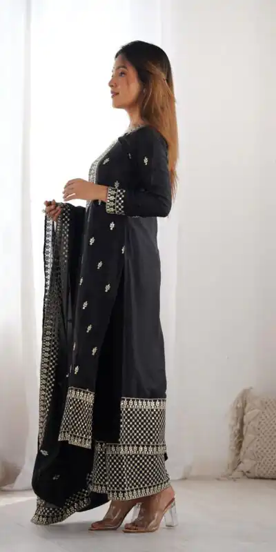 KB 282 Black Color Chinon Silk Embroidery With Jari Work Salwar Suit Casual, Wedding, Festive, Events . Expected Delivery  4-6 Working Days @1949/- only      | Jump Suits, Salwar suit, Designer Suits, Casual Suits, Creative suits, Palazzo Suits, Party Wear Suits, Patiala Suits, Straight Suits