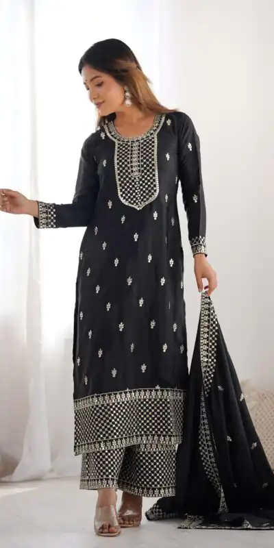 KB 282 Black Color Chinon Silk Embroidery With Jari Work Salwar Suit Casual, Wedding, Festive, Events . Expected Delivery  4-6 Working Days @1949/- only      | Jump Suits, Salwar suit, Designer Suits, Casual Suits, Creative suits, Palazzo Suits, Party Wear Suits, Patiala Suits, Straight Suits
