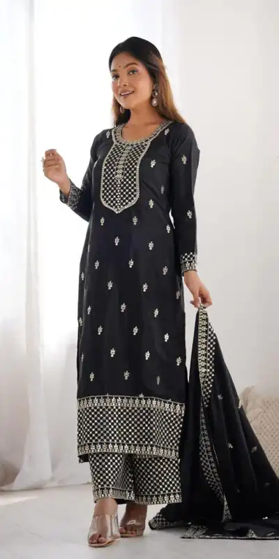 KB 282 Black Color Chinon Silk Embroidery With Jari Work Salwar Suit Casual, Wedding, Festive, Events . Expected Delivery  4-6 Working Days @1949/- only      | Jump Suits, Salwar suit, Designer Suits, Casual Suits, Creative suits, Palazzo Suits, Party Wear Suits, Patiala Suits, Straight Suits