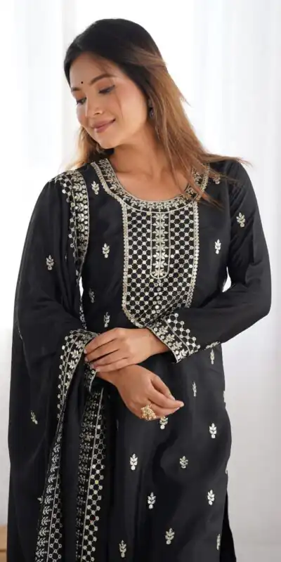 KB 282 Black Color Chinon Silk Embroidery With Jari Work Salwar Suit Casual, Wedding, Festive, Events . Expected Delivery  4-6 Working Days @1949/- only      | Jump Suits, Salwar suit, Designer Suits, Casual Suits, Creative suits, Palazzo Suits, Party Wear Suits, Patiala Suits, Straight Suits