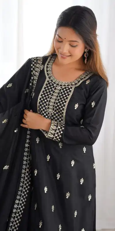 KB 282 Black Color Chinon Silk Embroidery With Jari Work Salwar Suit Casual, Wedding, Festive, Events . Expected Delivery  4-6 Working Days @1949/- only      | Jump Suits, Salwar suit, Designer Suits, Casual Suits, Creative suits, Palazzo Suits, Party Wear Suits, Patiala Suits, Straight Suits