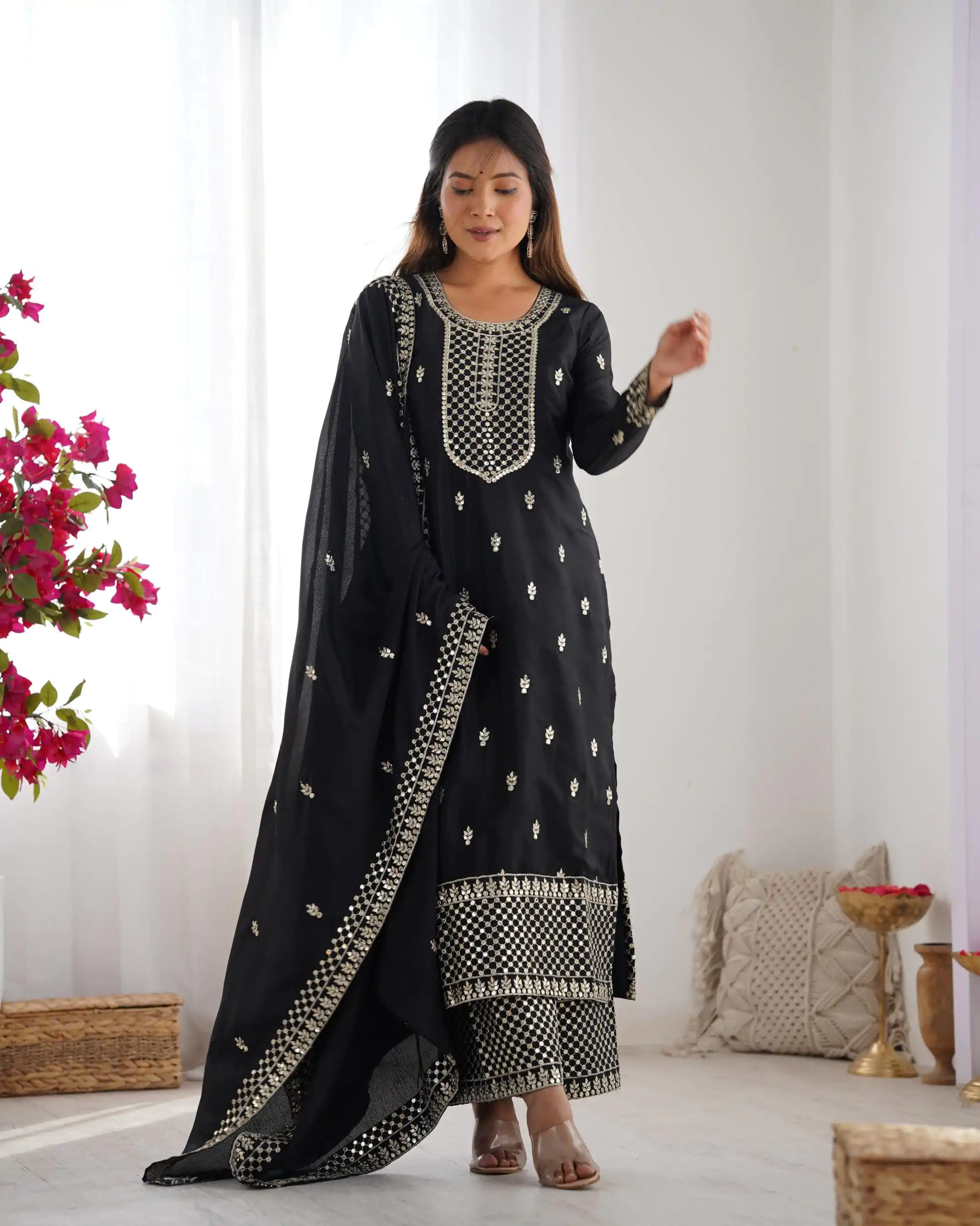 KB 282 Black Color Chinon Silk Embroidery With Jari Work Salwar Suit Casual, Wedding, Festive, Events . Expected Delivery  4-6 Working Days @1949/- only      | Jump Suits, Salwar suit, Designer Suits, Casual Suits, Creative suits, Palazzo Suits, Party Wear Suits, Patiala Suits, Straight Suits