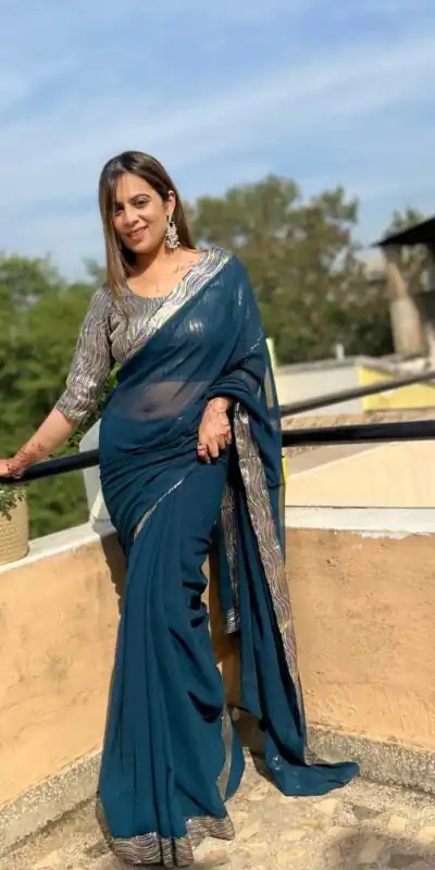 JR 579 Peacock Blue Color Georgette Sequence Work Lace Saree Casual, Wedding, Festive, Events . Expected Delivery  4-6 Working Days @1599/- only                                                                                                                                             | Sarees, Bollywood Sarees, Creative Sarees, Designer Sarees, Embroidered Sarees, Ethnic Saree, Modern Digital sarees, Party Wear Sarees