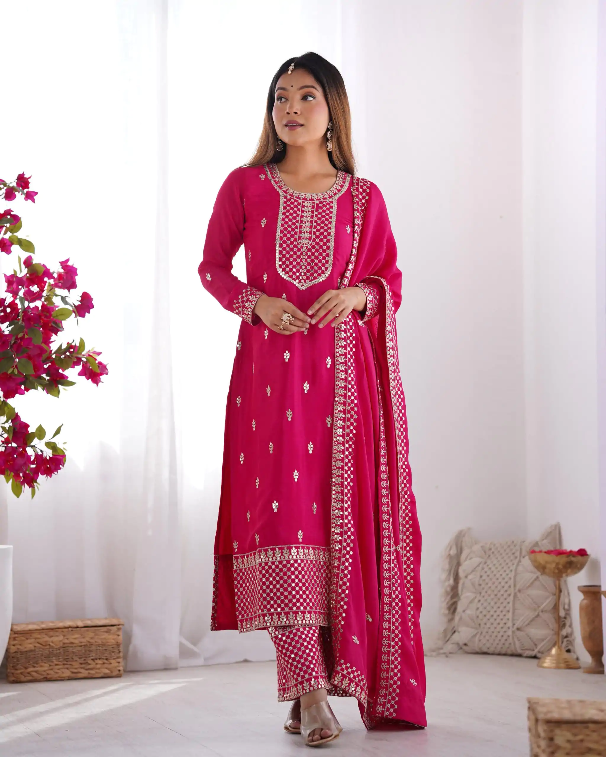 KB 282 Pink Color Chinon Silk Embroidery Jari Work Salwar Suit Casual, Wedding, Festive, Events . Expected Delivery  4-6 Working Days @1949/- only      | Jump Suits, Salwar suit, Designer Suits, Casual Suits, Creative suits, Palazzo Suits, Party Wear Suits, Patiala Suits, Straight Suits
