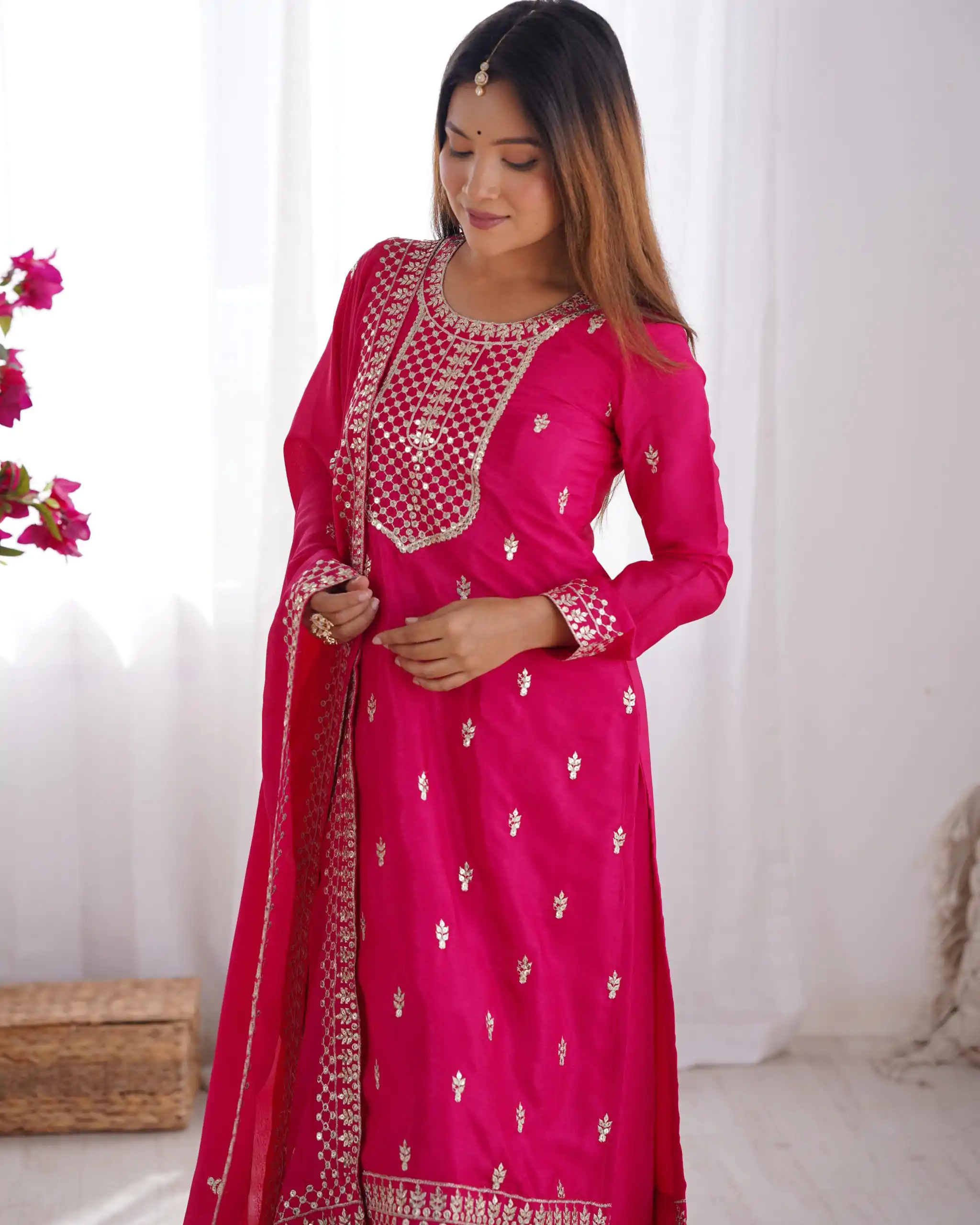 KB 282 Pink Color Chinon Silk Embroidery Jari Work Salwar Suit Casual, Wedding, Festive, Events . Expected Delivery  4-6 Working Days @1949/- only      | Jump Suits, Salwar suit, Designer Suits, Casual Suits, Creative suits, Palazzo Suits, Party Wear Suits, Patiala Suits, Straight Suits