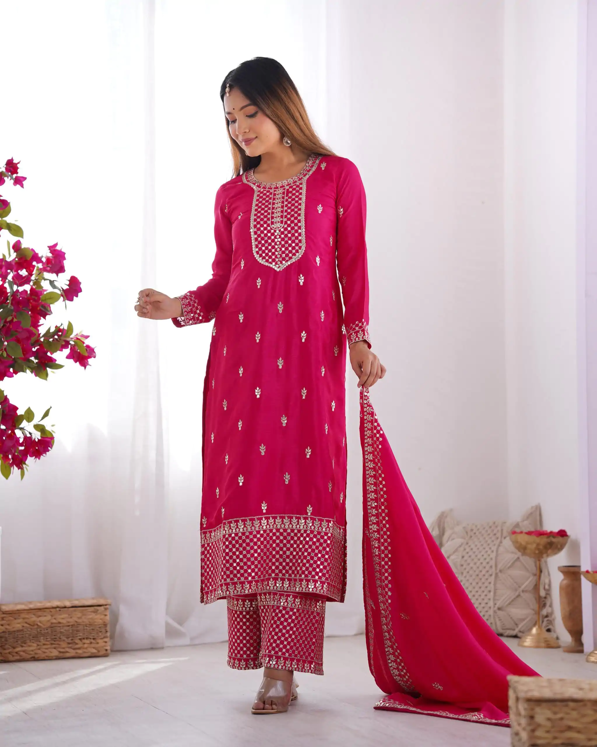 KB 282 Pink Color Chinon Silk Embroidery Jari Work Salwar Suit Casual, Wedding, Festive, Events . Expected Delivery  4-6 Working Days @1949/- only      | Jump Suits, Salwar suit, Designer Suits, Casual Suits, Creative suits, Palazzo Suits, Party Wear Suits, Patiala Suits, Straight Suits