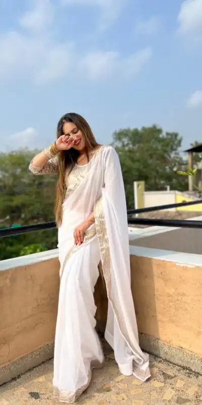 JR 579 White Color Georgette Sequence Work Lace Saree Casual, Wedding, Festive, Events . Expected Delivery  4-6 Working Days @1599/- only                                                                                                                                             | Sarees, Bollywood Sarees, Creative Sarees, Designer Sarees, Embroidered Sarees, Ethnic Saree, Modern Digital sarees, Party Wear Sarees