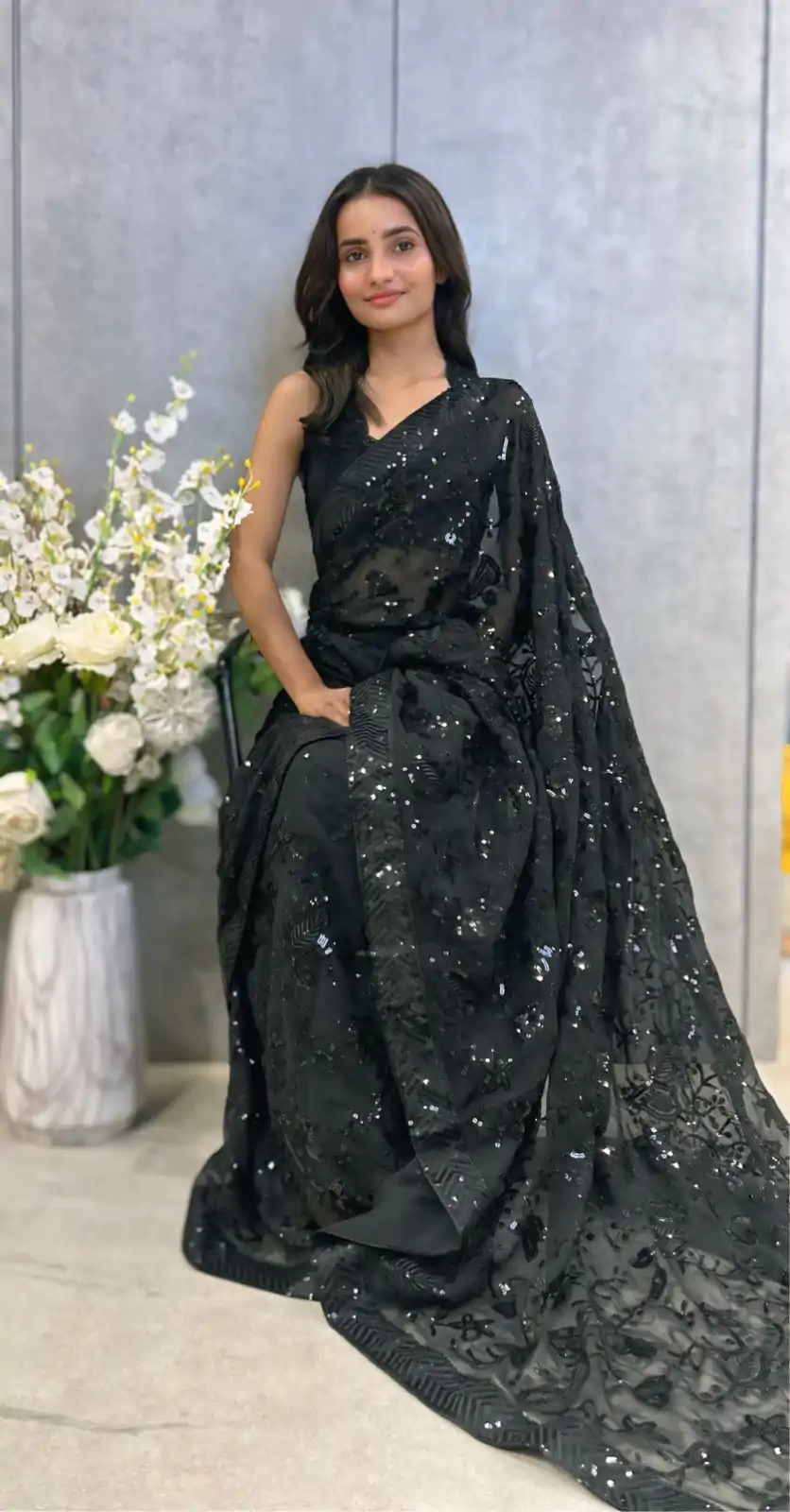 JR 629 Black Color Georgette Sequence Work Saree Casual, Wedding, Festive, Events . Expected Delivery  4-6 Working Days @1749/- only                                                                                                                                           | Sarees, Bollywood Sarees, Creative Sarees, Designer Sarees, Embroidered Sarees, Ethnic Saree, Modern Digital sarees, Party Wear Sarees