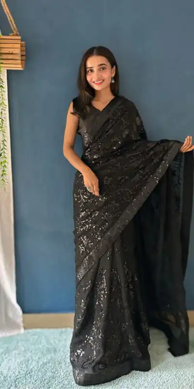 JR 629 Black Color Georgette Sequence Work Saree Casual, Wedding, Festive, Events . Expected Delivery  4-6 Working Days @1749/- only                                                                                                                                           | Sarees, Bollywood Sarees, Creative Sarees, Designer Sarees, Embroidered Sarees, Ethnic Saree, Modern Digital sarees, Party Wear Sarees