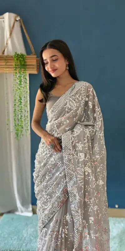 JR 629 Grey Color Georgette Sequence Work Saree Casual, Wedding, Festive, Events . Expected Delivery  4-6 Working Days @1749/- only                                                                                                                                           | Sarees, Bollywood Sarees, Creative Sarees, Designer Sarees, Embroidered Sarees, Ethnic Saree, Modern Digital sarees, Party Wear Sarees