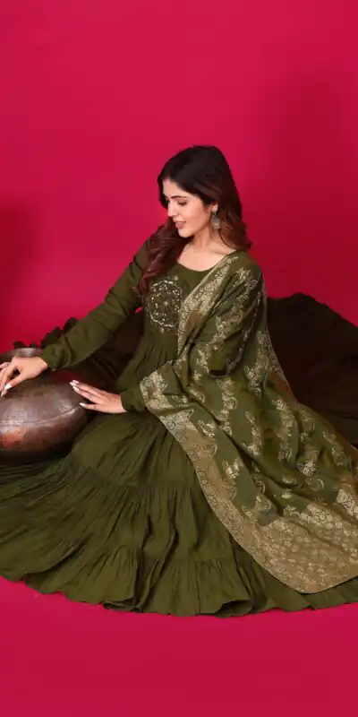 ZSR 3107 Mehandi Color Roman Silk With Embroidery Sequence Work Anarkali Gown Wedding Party, Festive, Events Etc.4-6 Working Days@1799/- only | Gowns, Bollywood Gowns, Creative Gowns, Designer Gowns, Embroidered Gowns, Party Wear Gowns, Straight Suits