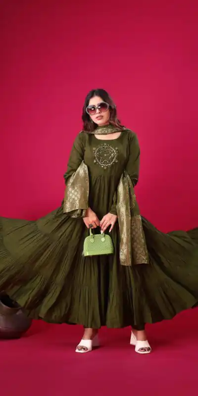 ZSR 3107 Mehandi Color Roman Silk With Embroidery Sequence Work Anarkali Gown Wedding Party, Festive, Events Etc.4-6 Working Days@1799/- only | Gowns, Bollywood Gowns, Creative Gowns, Designer Gowns, Embroidered Gowns, Party Wear Gowns, Straight Suits