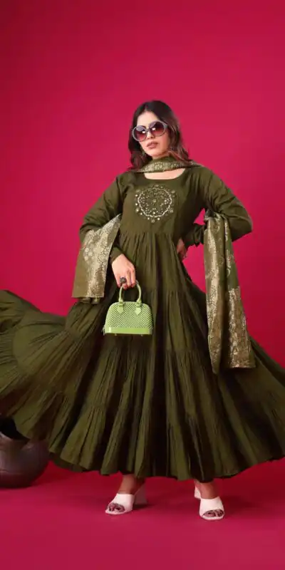 ZSR 3107 Mehandi Color Roman Silk With Embroidery Sequence Work Anarkali Gown Wedding Party, Festive, Events Etc.4-6 Working Days@1799/- only | Gowns, Bollywood Gowns, Creative Gowns, Designer Gowns, Embroidered Gowns, Party Wear Gowns, Straight Suits