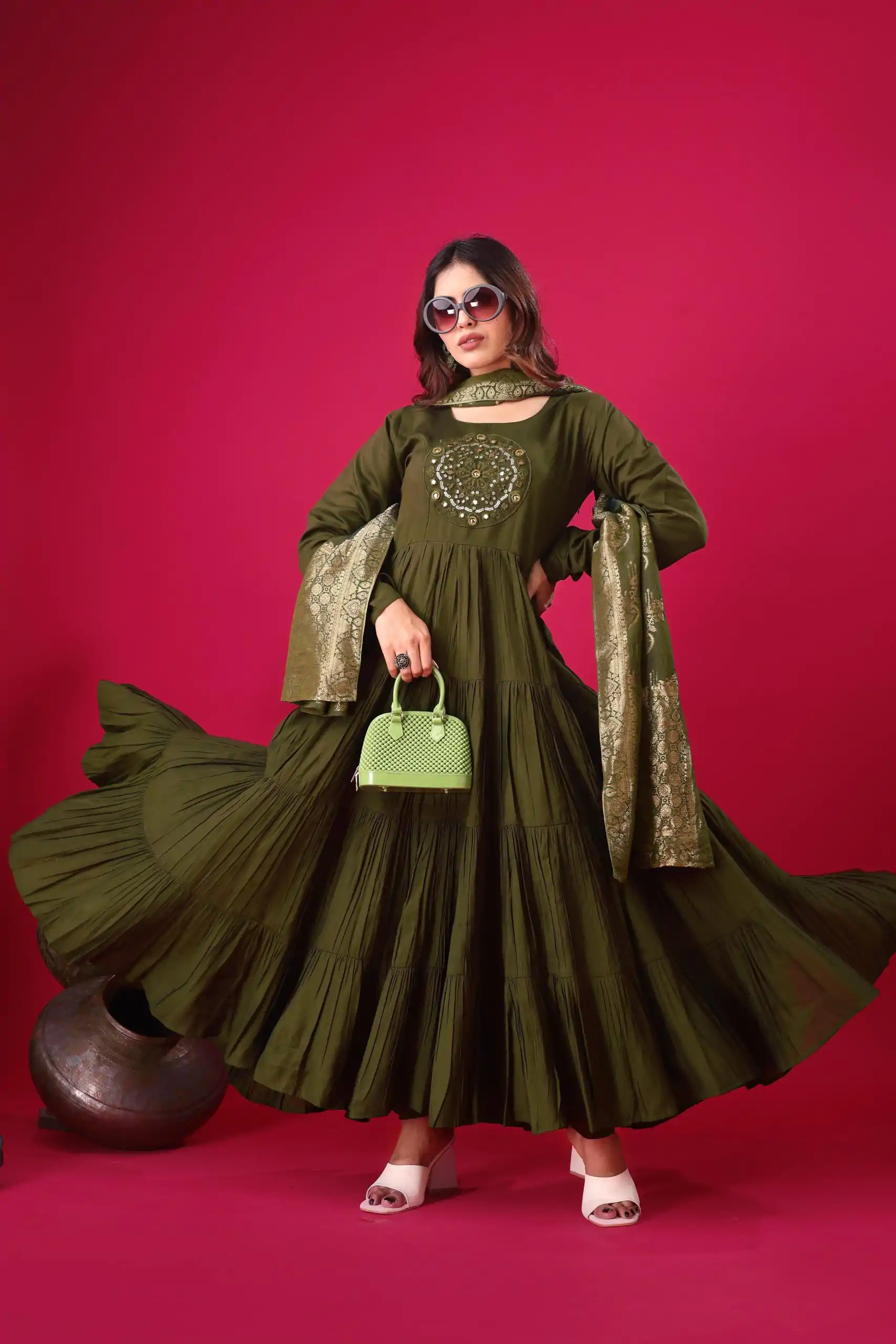 ZSR 3107 Mehandi Color Roman Silk With Embroidery Sequence Work Anarkali Gown Wedding Party, Festive, Events Etc.4-6 Working Days@1799/- only | Gowns, Bollywood Gowns, Creative Gowns, Designer Gowns, Embroidered Gowns, Party Wear Gowns, Straight Suits