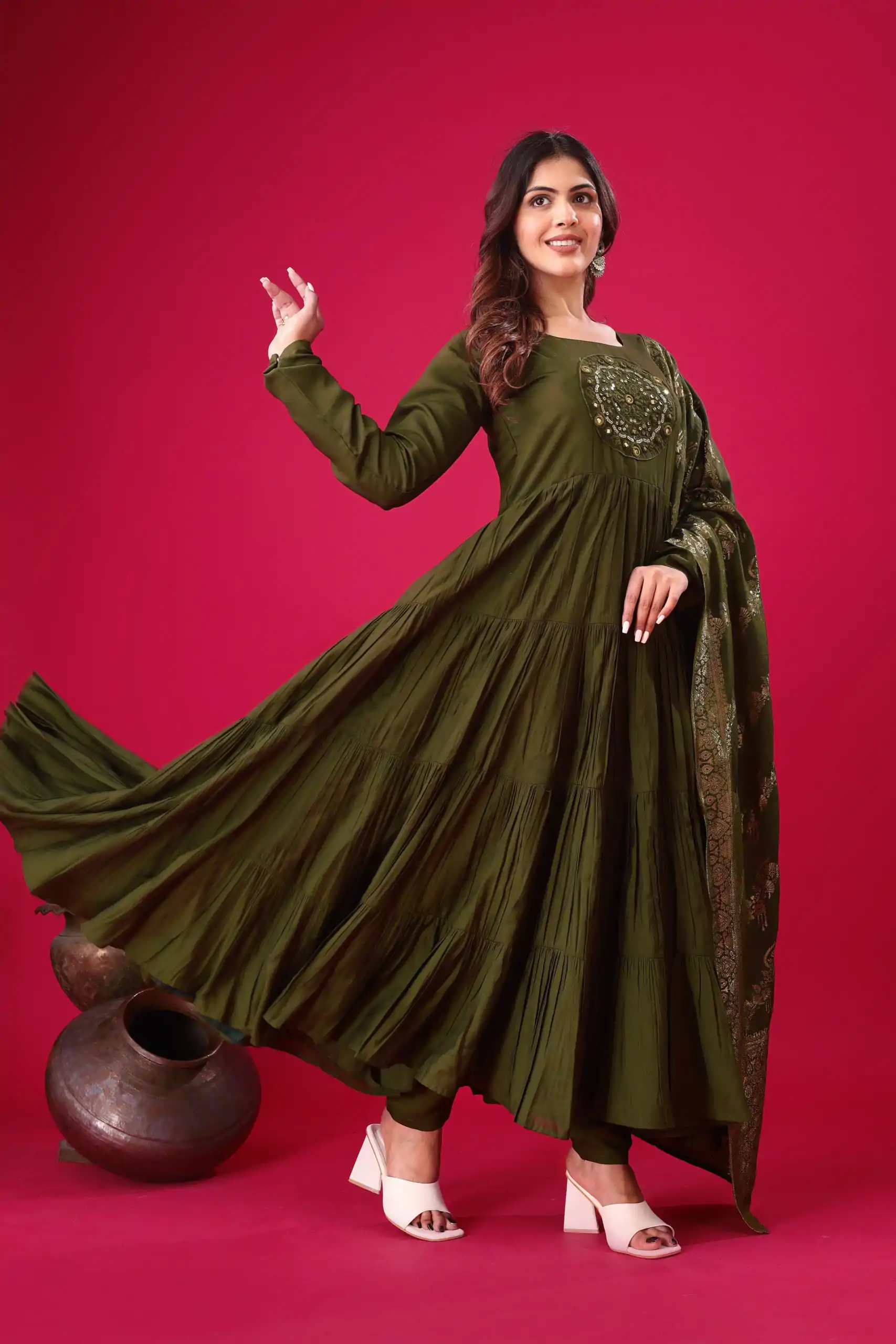 ZSR 3107 Mehandi Color Roman Silk With Embroidery Sequence Work Anarkali Gown Wedding Party, Festive, Events Etc.4-6 Working Days@1799/- only | Gowns, Bollywood Gowns, Creative Gowns, Designer Gowns, Embroidered Gowns, Party Wear Gowns, Straight Suits