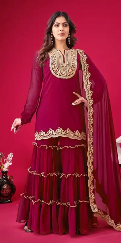 SRK 5236 Red Color Faux Georgette Embroidery Sequence Work Salwar Suit , Wedding, Party, Festive, Events Etc.4-6 Working Days@ 2099/-only | Jump Suits, Salwar suit, Designer Suits, Casual Suits, Creative suits, Palazzo Suits, Party Wear Suits, Patiala Suits, Straight Suits