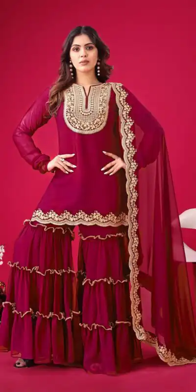 SRK 5236 Red Color Faux Georgette Embroidery Sequence Work Salwar Suit , Wedding, Party, Festive, Events Etc.4-6 Working Days@ 2099/-only | Jump Suits, Salwar suit, Designer Suits, Casual Suits, Creative suits, Palazzo Suits, Party Wear Suits, Patiala Suits, Straight Suits