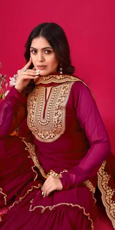 SRK 5236 Red Color Faux Georgette Embroidery Sequence Work Salwar Suit , Wedding, Party, Festive, Events Etc.4-6 Working Days@ 2099/-only | Jump Suits, Salwar suit, Designer Suits, Casual Suits, Creative suits, Palazzo Suits, Party Wear Suits, Patiala Suits, Straight Suits