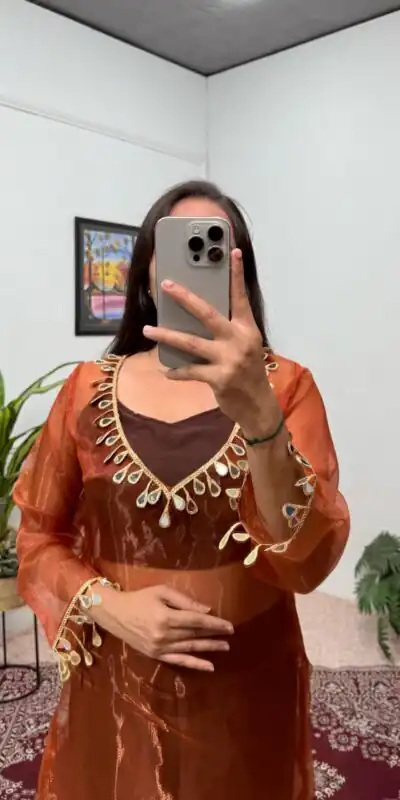 ST 1100 Brown Color Organza Mirror Lace Work Salwar Suit Casual, Wedding, Festive, Events . Expected Delivery  4-6 Working Days @1699/- only      | Jump Suits, Salwar suit, Designer Suits, Casual Suits, Creative suits, Palazzo Suits, Party Wear Suits, Patiala Suits, Straight Suits