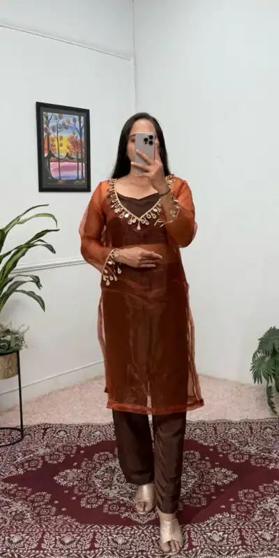 ST 1100 Brown Color Organza Mirror Lace Work Salwar Suit Casual, Wedding, Festive, Events . Expected Delivery  4-6 Working Days @1699/- only      | Jump Suits, Salwar suit, Designer Suits, Casual Suits, Creative suits, Palazzo Suits, Party Wear Suits, Patiala Suits, Straight Suits
