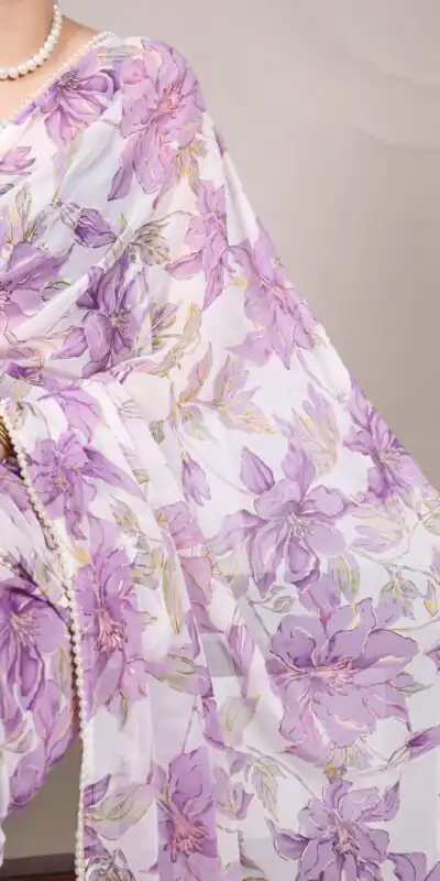 YNF 7006 Purple Color Weightless Marble Floral Print Pearl Lace Border Saree , Wedding, Festive, Events . Expected Delivery  4-6 Working Days @1599/- only                                                                                                                                             | Sarees, Bollywood Sarees, Creative Sarees, Designer Sarees, Embroidered Sarees, Ethnic Saree, Modern Digital sarees, Party Wear Sarees