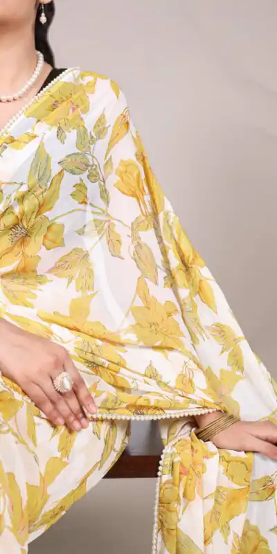 YNF 7006 Yellow Color Weightless Marble Floral Print Pearl Lace Border Saree , Wedding, Festive, Events . Expected Delivery  4-6 Working Days @1599/- only                                                                                                                                             | Sarees, Bollywood Sarees, Creative Sarees, Designer Sarees, Embroidered Sarees, Ethnic Saree, Modern Digital sarees, Party Wear Sarees