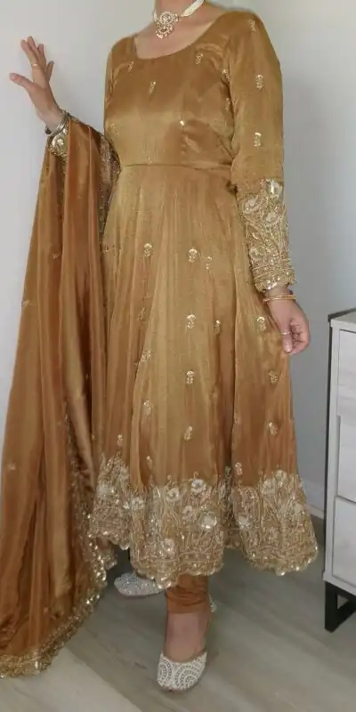 ZF 412 Gold Color Barbari Silk With Embroidery Work Gown Casual, Wedding, Party, Festive, Events Etc.4-6 Working Days@ 2149/-only | Gowns, Bollywood Gowns, Creative Gowns, Designer Gowns, Embroidered Gowns, Party Wear Gowns