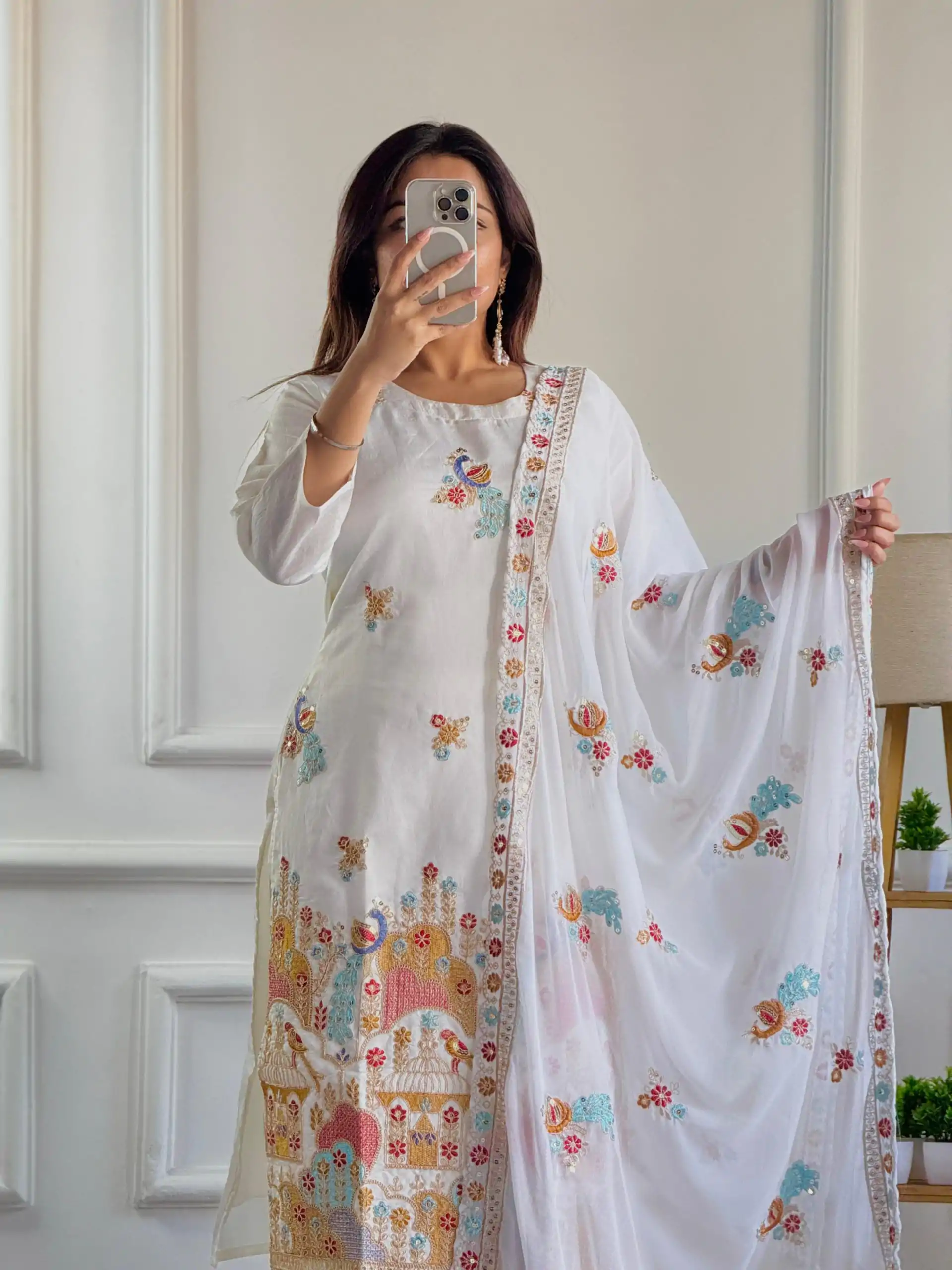 VLM 244 White Color Roman Silk With Embroidery Work Salwar Suit Casual, Wedding, Festive, Events . Expected Delivery  4-6 Working Days @2099/- only      | Jump Suits, Salwar suit, Designer Suits, Casual Suits, Creative suits, Palazzo Suits, Party Wear Suits, Patiala Suits, Straight Suits