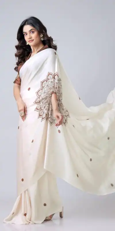 ST 1102B Cream Color Japan Satin Digital Print Work Saree Casual, Wedding, Festive, Events . Expected Delivery  4-6 Working Days @1849/- only      | Sarees, Bollywood Sarees, Creative Sarees, Designer Sarees, Embroidered Sarees, Ethnic Saree, Modern Digital sarees, Party Wear Sarees