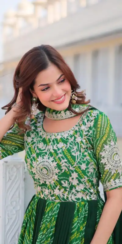 Ram 075 Green Color Bandhej Fox Georgette Sequence Work Gown Casual, Wedding, Party, Festive, Events Etc.4-6 Working Days@ 2049/-only | Gowns, Bollywood Gowns, Creative Gowns, Designer Gowns, Embroidered Gowns, Party Wear Gowns