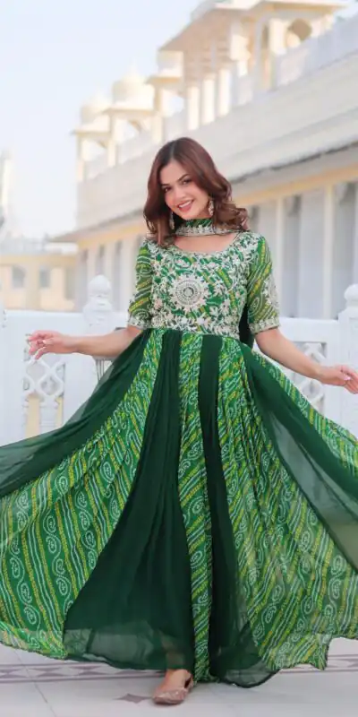 Ram 075 Green Color Bandhej Fox Georgette Sequence Work Gown Casual, Wedding, Party, Festive, Events Etc.4-6 Working Days@ 2049/-only | Gowns, Bollywood Gowns, Creative Gowns, Designer Gowns, Embroidered Gowns, Party Wear Gowns