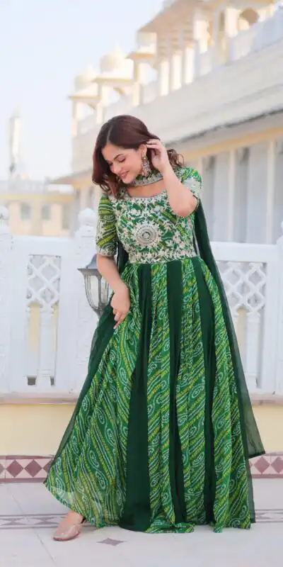 Ram 075 Green Color Bandhej Fox Georgette Sequence Work Gown Casual, Wedding, Party, Festive, Events Etc.4-6 Working Days@ 2049/-only | Gowns, Bollywood Gowns, Creative Gowns, Designer Gowns, Embroidered Gowns, Party Wear Gowns